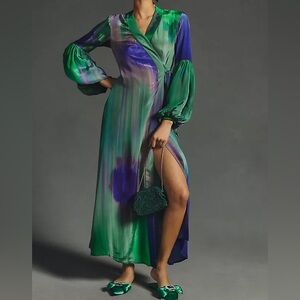 (PLEASE READ) Green and Purple Silk Wrap Dress formal - needs repair